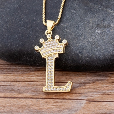 Copper Zircon A-Z Crown Alphabet Pendant Chain Necklace Hip-Hop Style