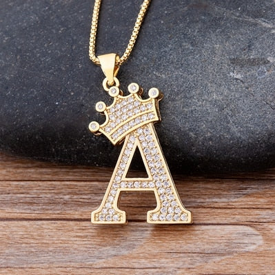 Copper Zircon A-Z Crown Alphabet Pendant Chain Necklace Hip-Hop Style