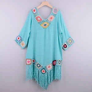 Bikini Cover Up With Fringe Trim Women Hollow Tunic Bathing Suit