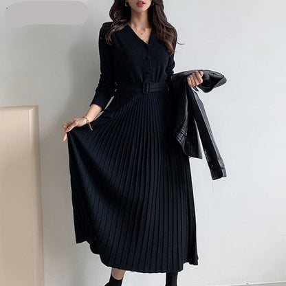 Elegant V-neck Single-breasted Women Thicken Sweater Dress