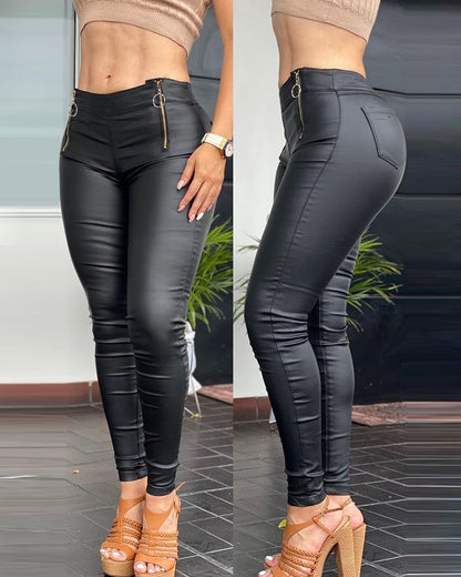 Women Faux PU Leather Pencil Pant Zipper Pocket Design Skinny Pants