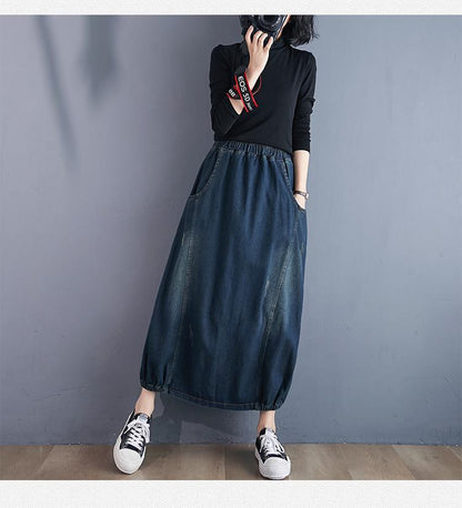 Women Loose Retro Patchwork Pockets Washed Denim Skirt