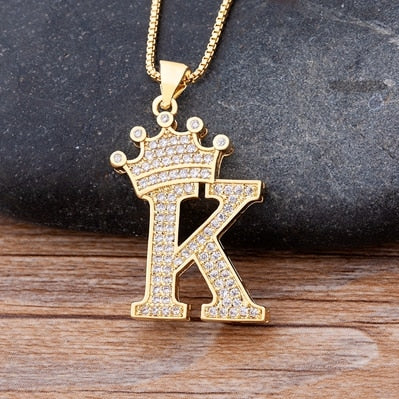 Copper Zircon A-Z Crown Alphabet Pendant Chain Necklace Hip-Hop Style