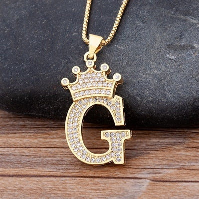 Copper Zircon A-Z Crown Alphabet Pendant Chain Necklace Hip-Hop Style