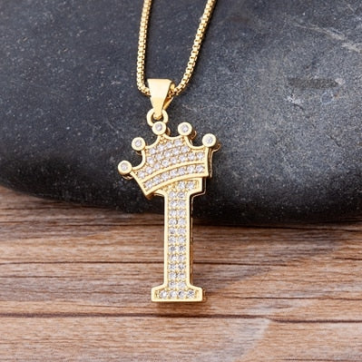 Copper Zircon A-Z Crown Alphabet Pendant Chain Necklace Hip-Hop Style