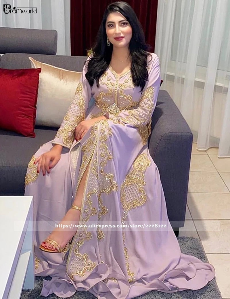 Muslim Evening Dresses Beaded Lace A-Line Caftan Long Sleeve