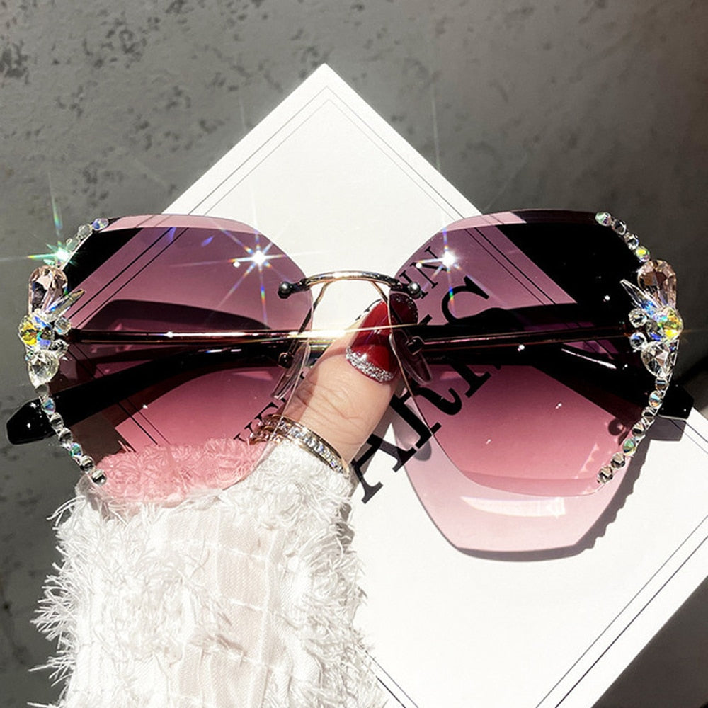 Fashion Brand Design Vintage Rimless Rhinestone Sunglasses