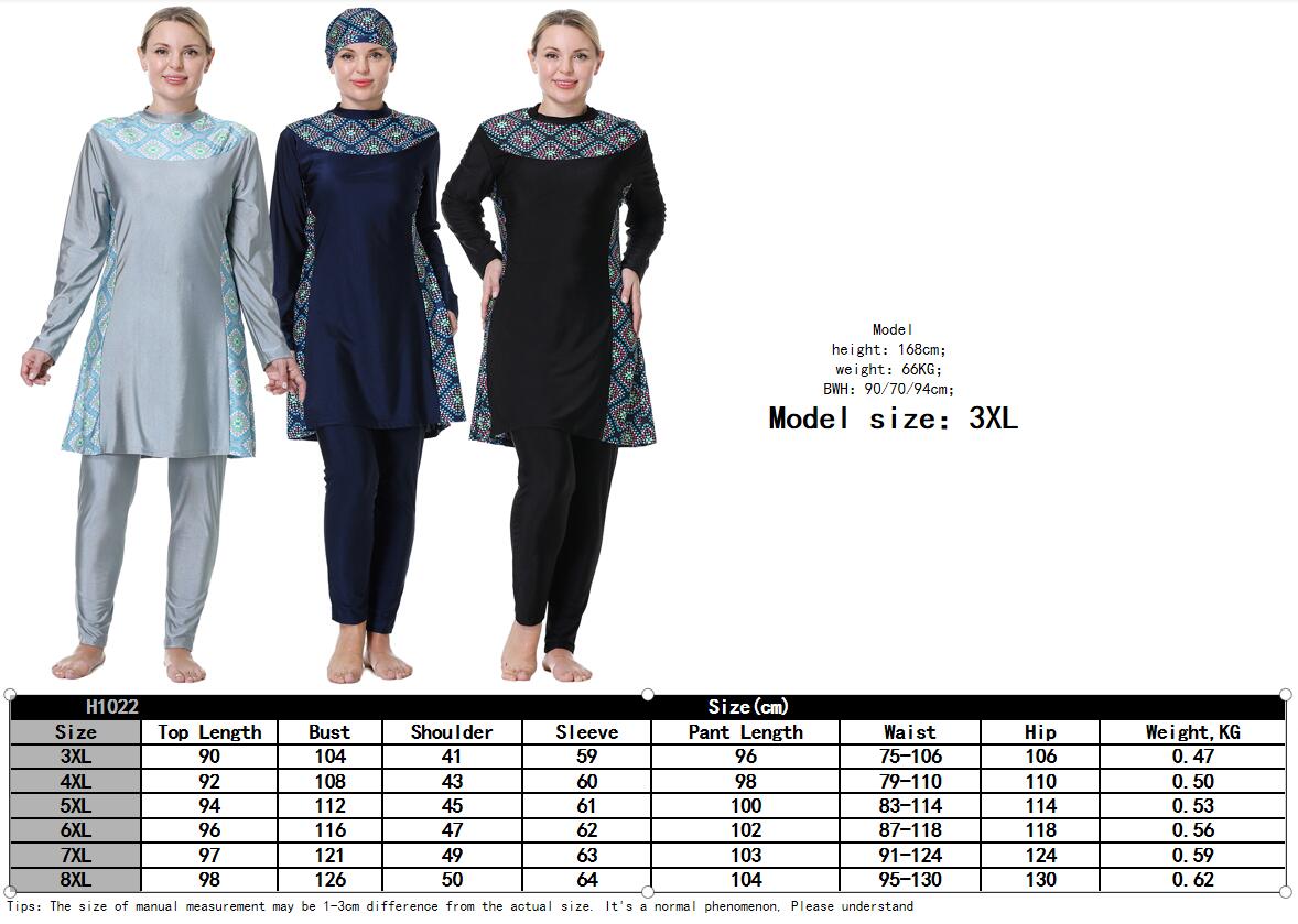 3XL-8XL Summer Muslim Lady Long Sleeves 3 PCS Coverage Loose Swimsuits