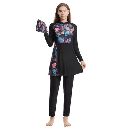 Muslim Lady Three-Piece Modest Long Sleeves Printing Burkinis Swimsuit