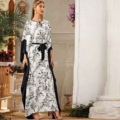 Muslim Dress, Abaya Bubble Sleeve Printed Dress for Women