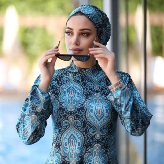 3 piece Muslim Swimwear Women Printed Stretch Full Cover