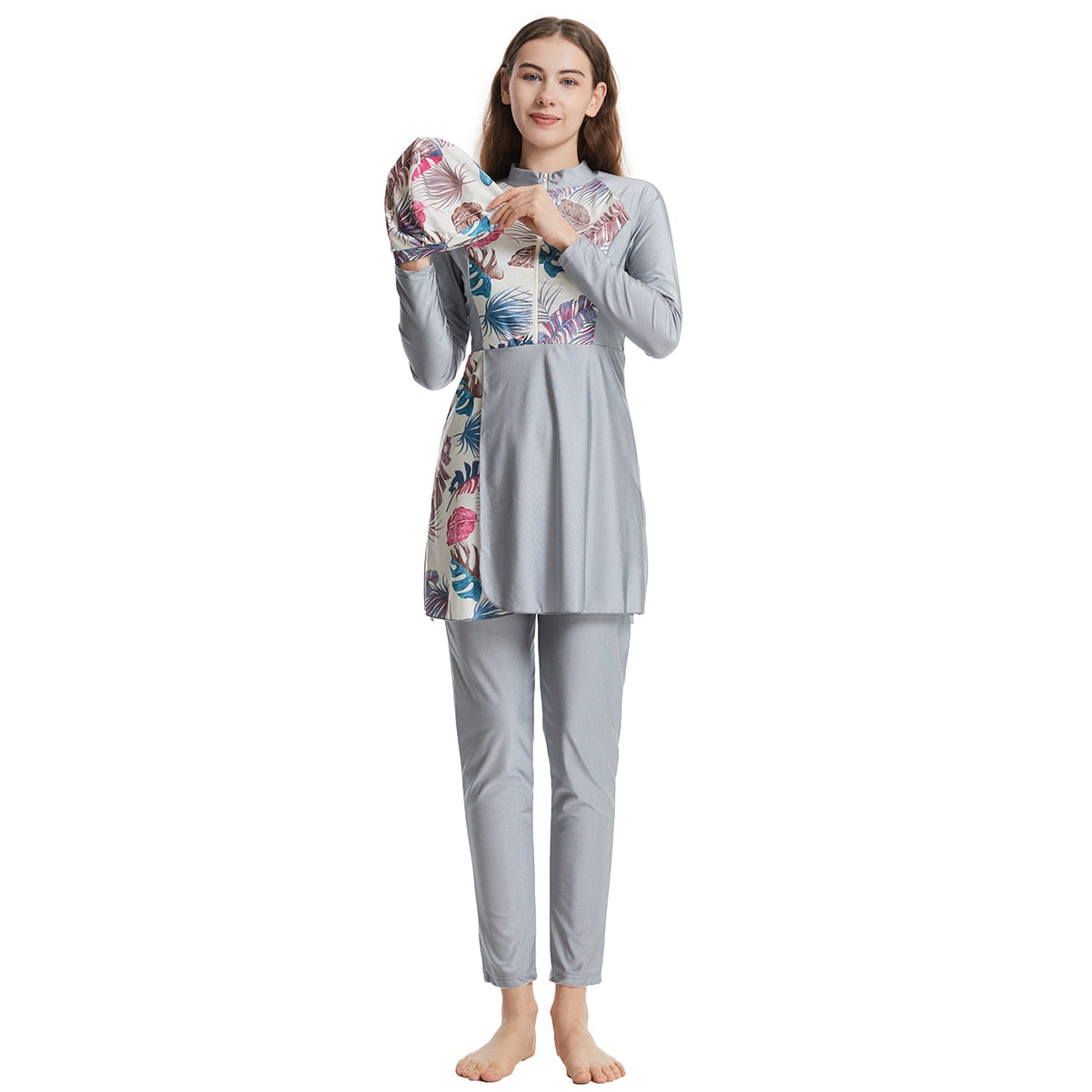 Muslim Lady Three-Piece Modest Long Sleeves Printing Burkinis Swimsuit