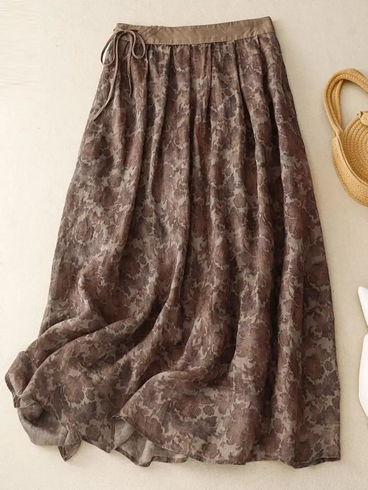 Falda larga con estampado floral cafe