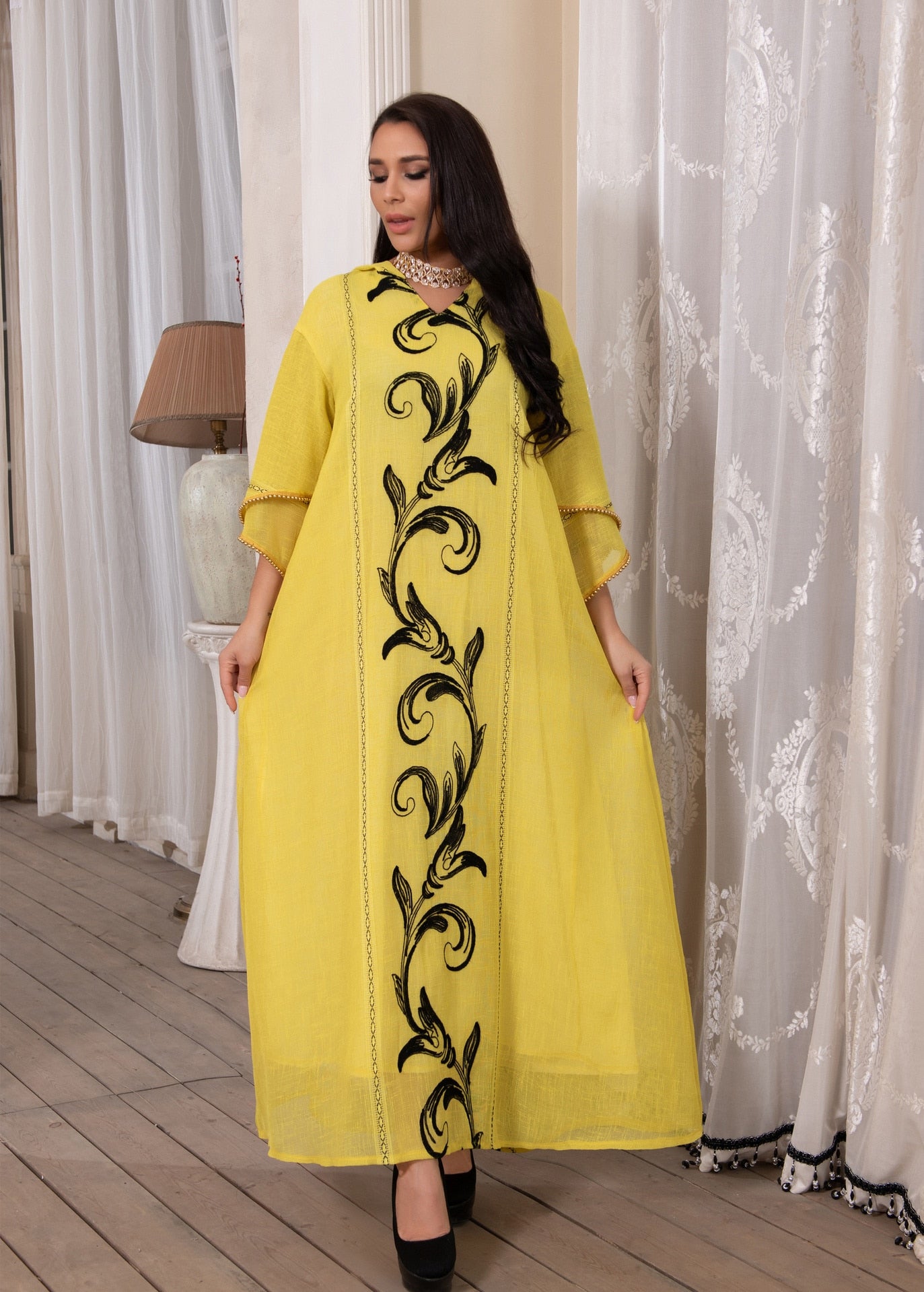 Women Robe Yellow Muslin Dress Jellabas