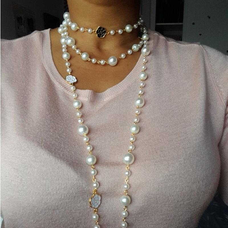 Long Pearl Necklace Brand Design Rose Flower Sweater Chain