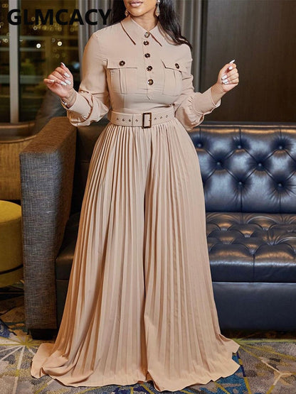 Women Long Sleeve Buttons Up Pleated Jumpsuit Loose Belted Overalls