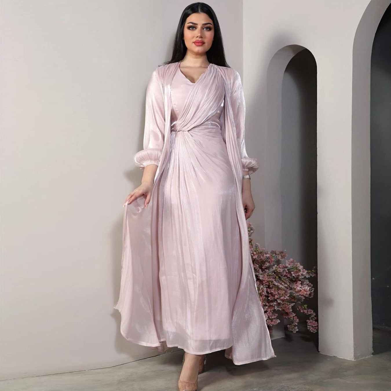 2 Piece Set Silky Satin Women Abaya Muslim Dresses