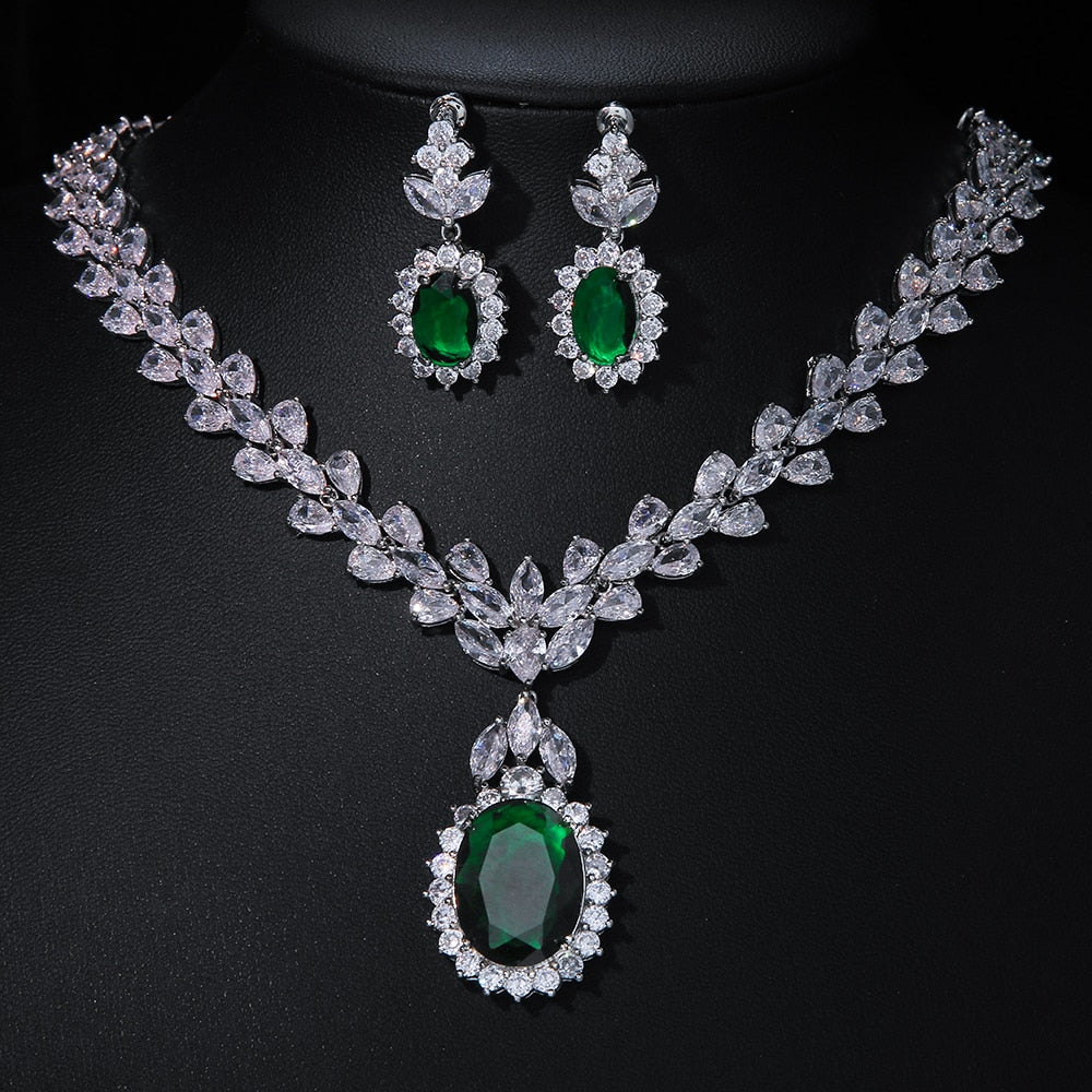 Green Stone AAA Cubic Zirconia Pendant Necklace Earrings Sets