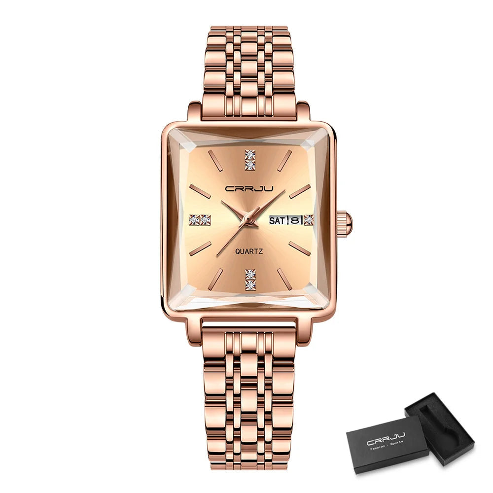 Waterproof Square Quartz Wristwatch with Steel Bracelet and Date