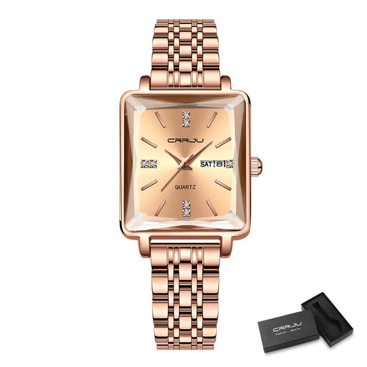 Waterproof Square Quartz Wristwatch with Steel Bracelet and Date