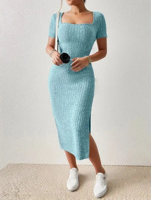 Knitted Slit Dress Lake Blue