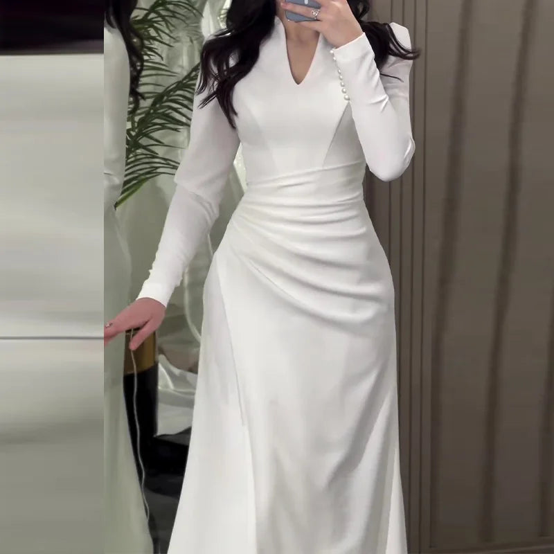 Slim Fit V Neck Elegant Dress Gentle Style Pleated Long-sleeved Dress