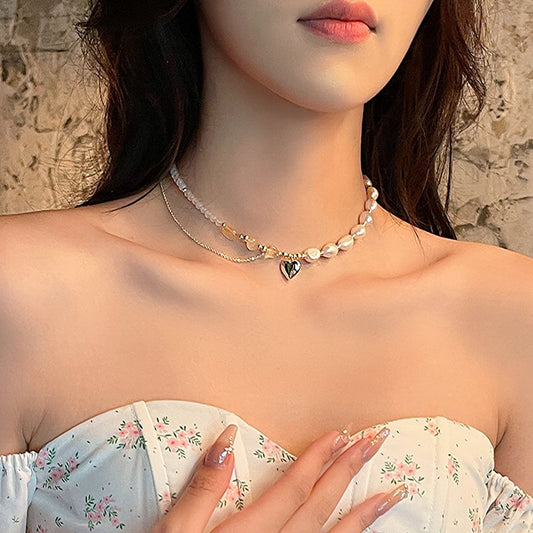 Korean Fashion Natural Crystal Natural Pearl Heart Pendant Necklace