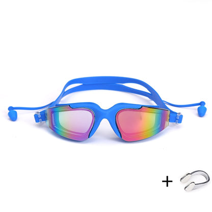 Swimming Glasses with Earplugs Nose Clip Electroplate Waterproof