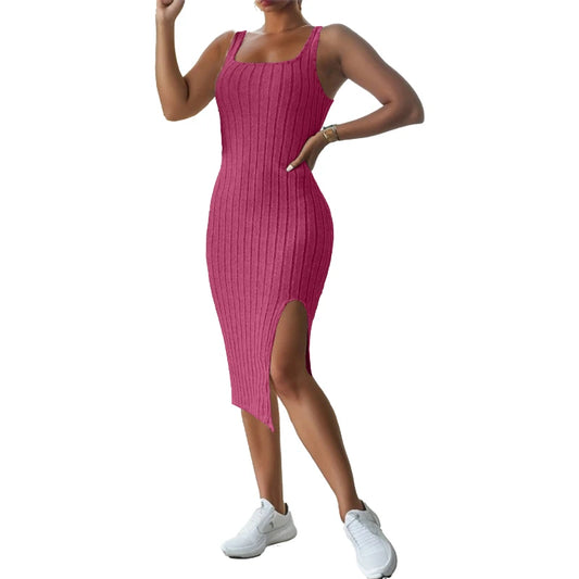 Knitted Slit Dress Rose Red