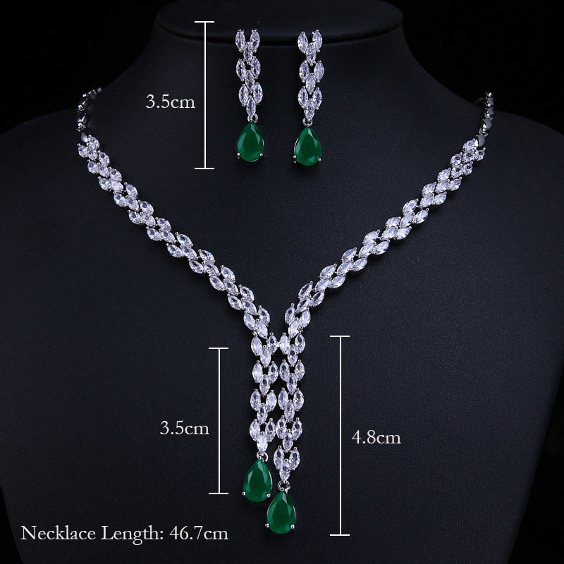 Green Stone AAA Cubic Zirconia Pendant Necklace Earrings Sets