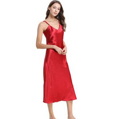 Long Slip Sleep Dress Silk V Neck Sleepwear Solid Color Nightwear