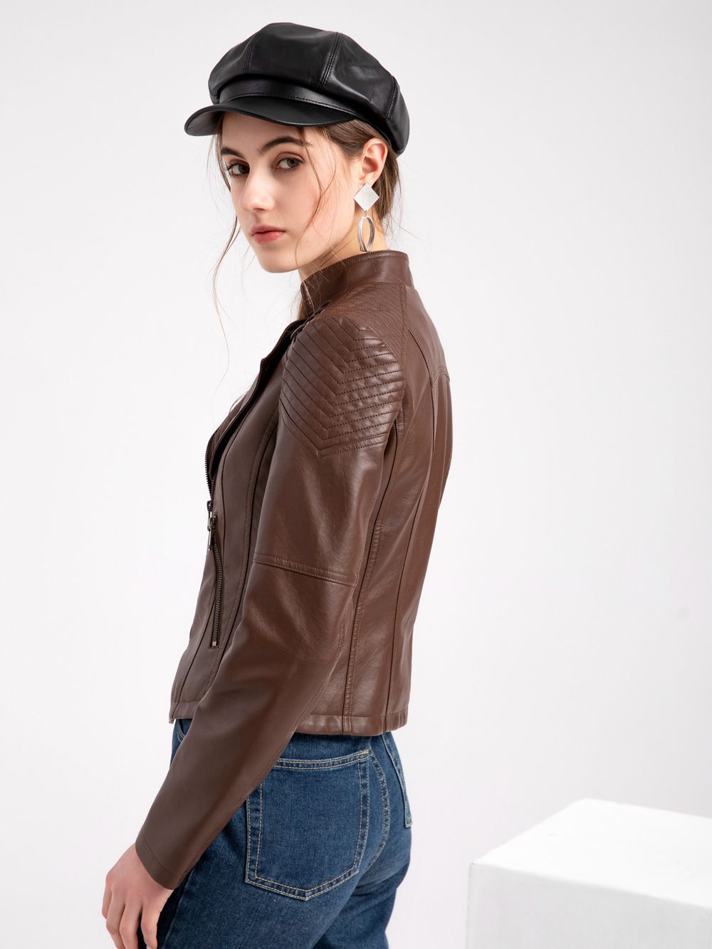 Pu Faux Women's Leather Jackets Long Sleeve Zipper Slim
