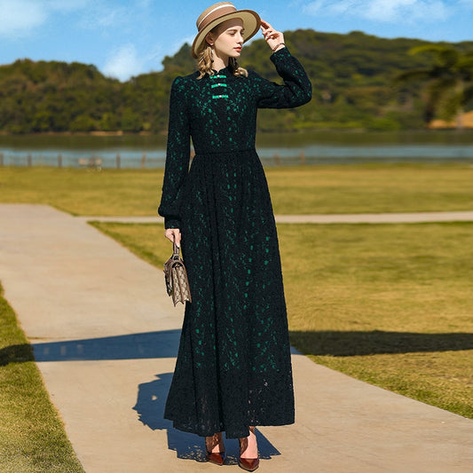 Chinese Style Lace Long Dress Long Sleeve Runway Dress Black Green