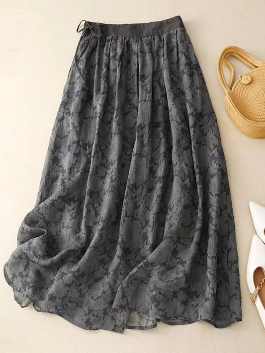 Falda larga con estampado floral gris