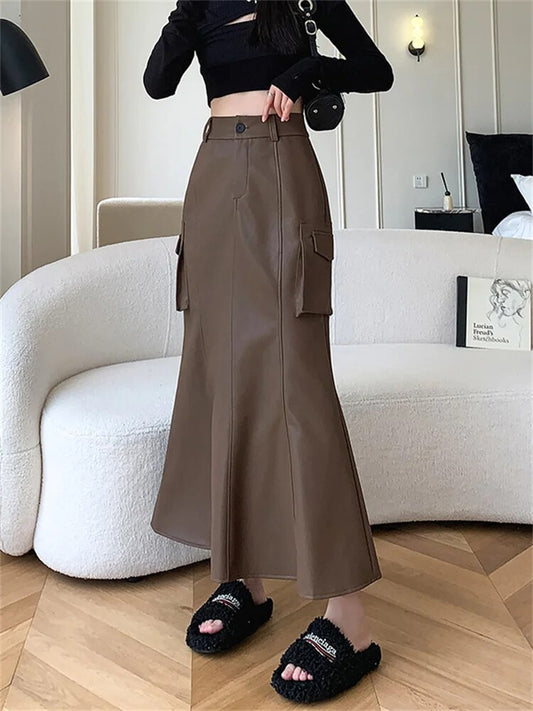 Falda larga de cuero sintético marrón 