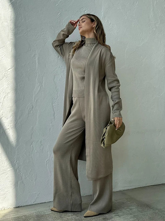 Three piece Cardigan set Casual Sweater Sets Wide Leg Pants