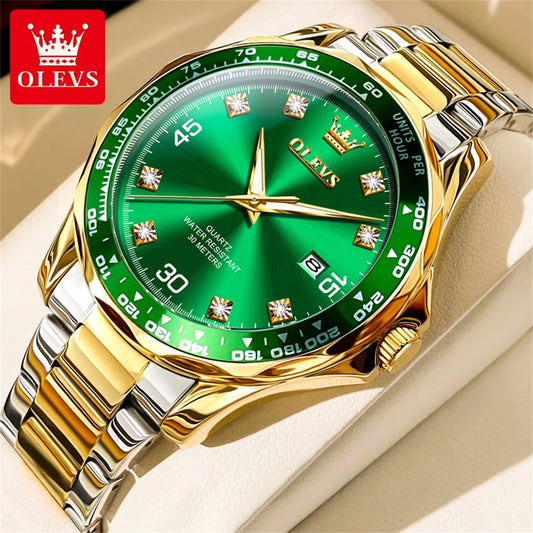 Olevs Watches Gold Green steel