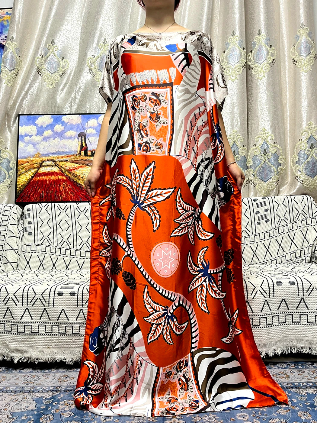 Abaya con estampado floral naranja