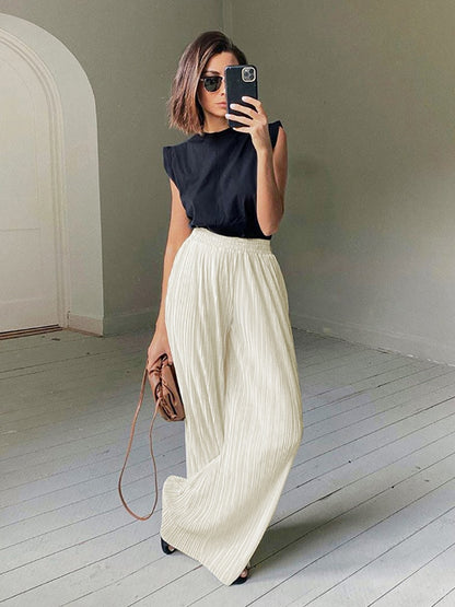 Beige Pleated Wide Leg Pants Womens Pants