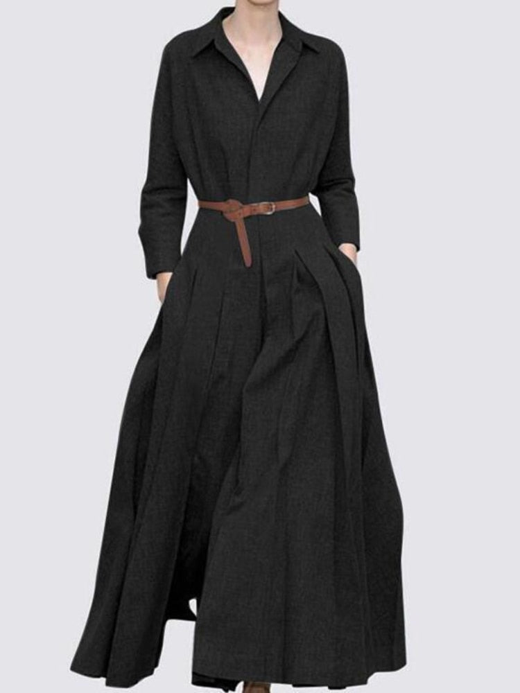 Women's Long Skirt Fashion Long Sleeve Lapel Pleated Dress