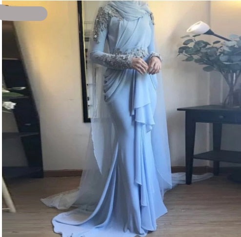 Long Sleeves Formal Prom Dress Beaded Lace Chiffon Light Blue