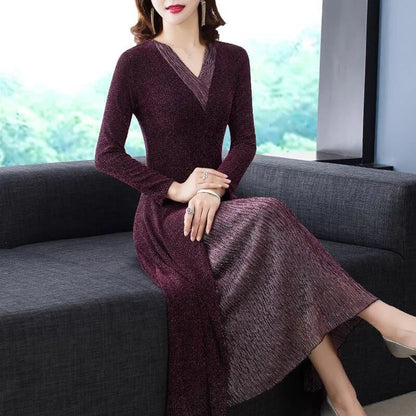 Two-piece V Neck Midi Dress Women Long Sleeve Bright Silk Dresses