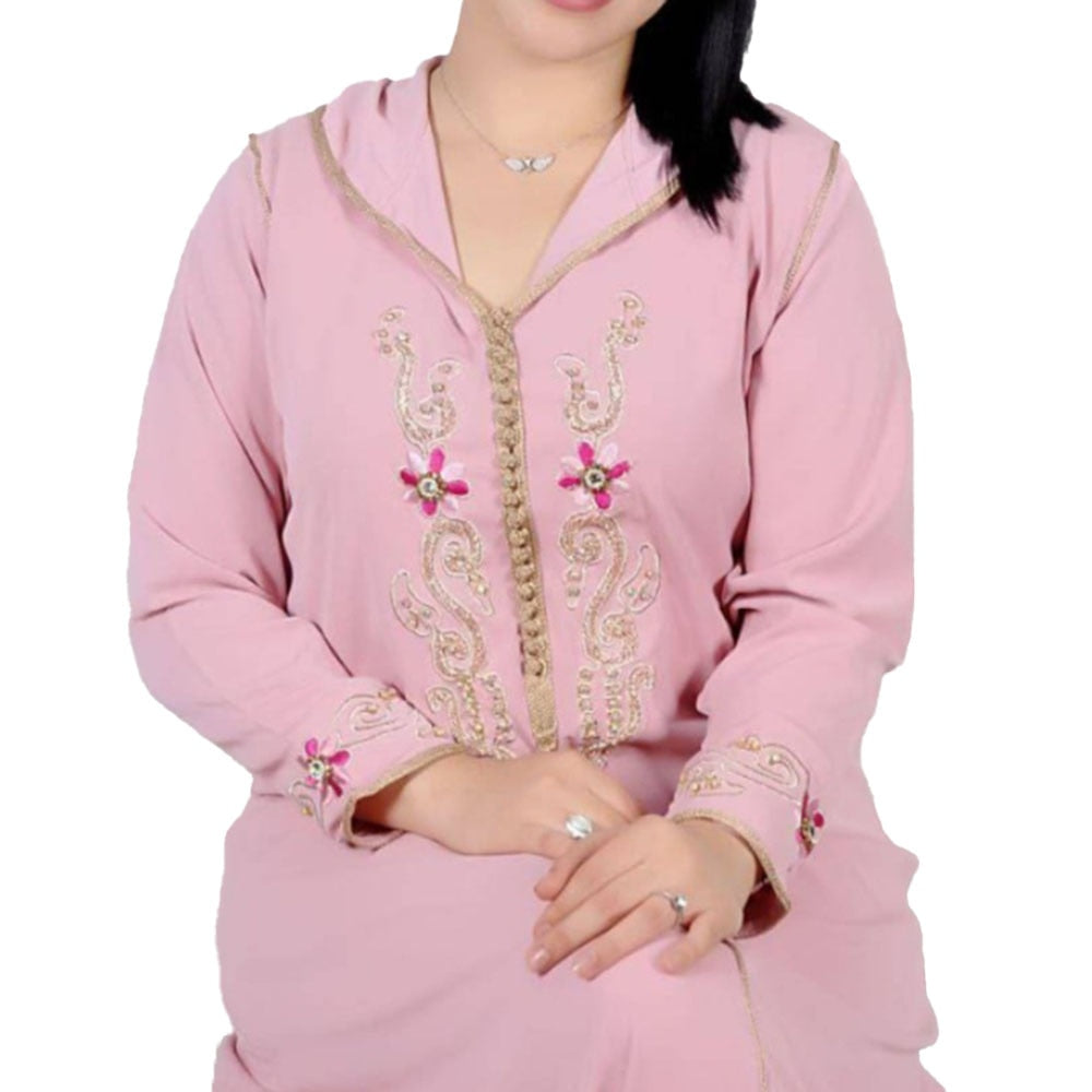 Dress Women Muslim Embroidery Solid Color With Hood Long Sleeve