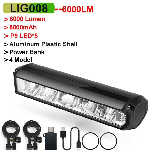 Bicycle Light Front 6000 Lumen, Light 8000mAh Waterproof Flashlight
