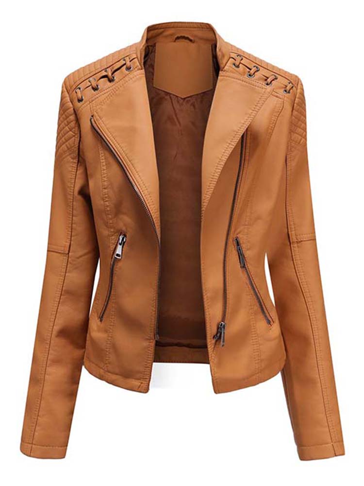 Pu Faux Women's Leather Jackets Long Sleeve Zipper Slim