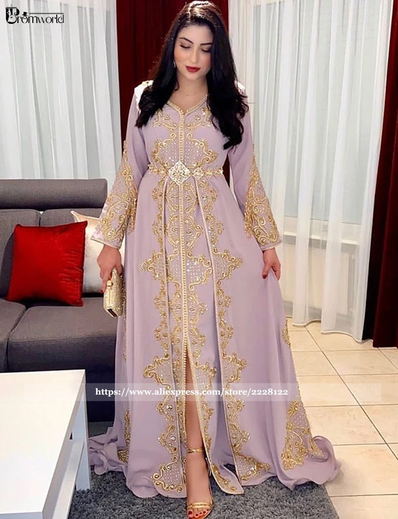 Luxurious Muslim Evening Dress Beaded Lace A-Line Caftan