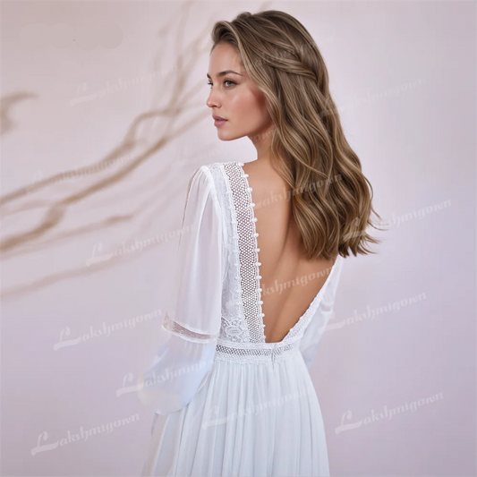 A Line Wedding Dress Chiffon V Neck Sleeveless Open Back