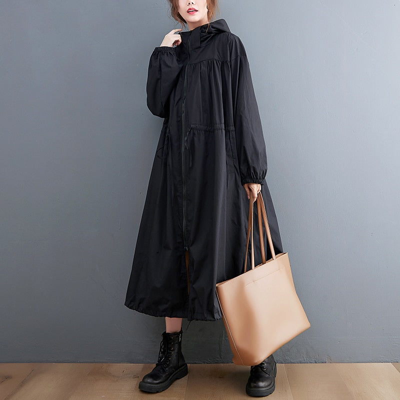 Oversized Black Casual British Style Fashion Hooded Mid-length Coat