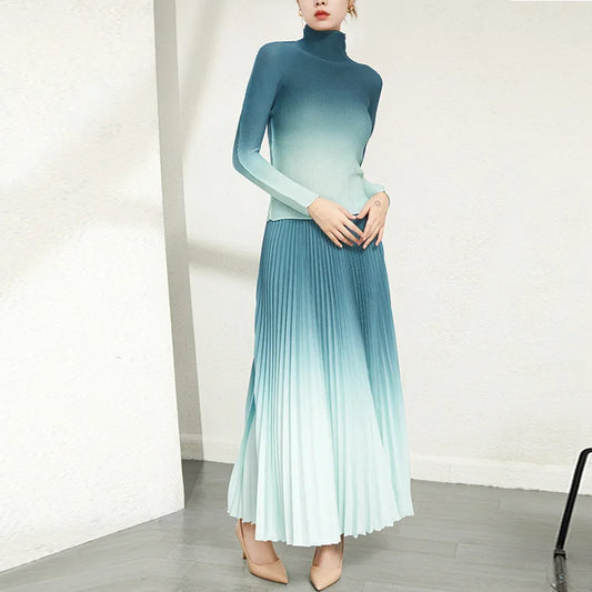 Printing Long Sleeve High Neck Top + High Waist Skirt Two-Piece Set