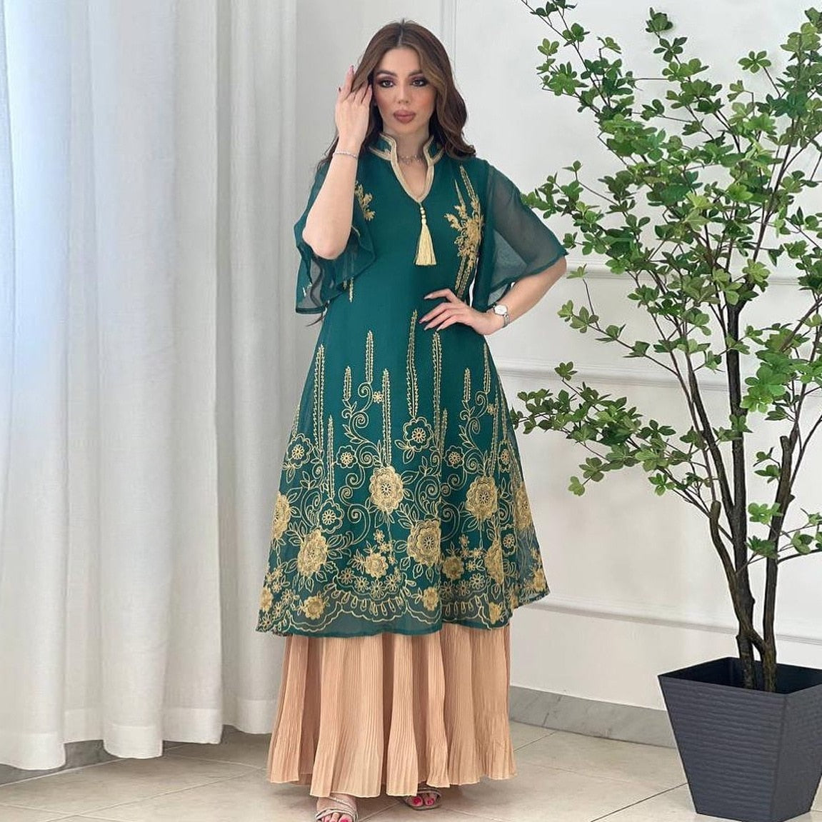 Muslim Green Mesh Chiffon Dress